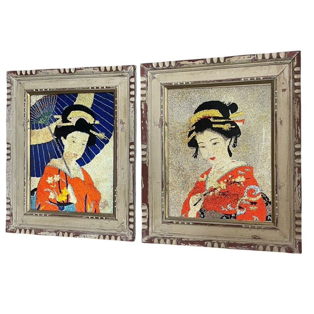 Japanese Traditional Art of Geisha - Handmade Beaded Art - Ukiyoe Wall Art Pair